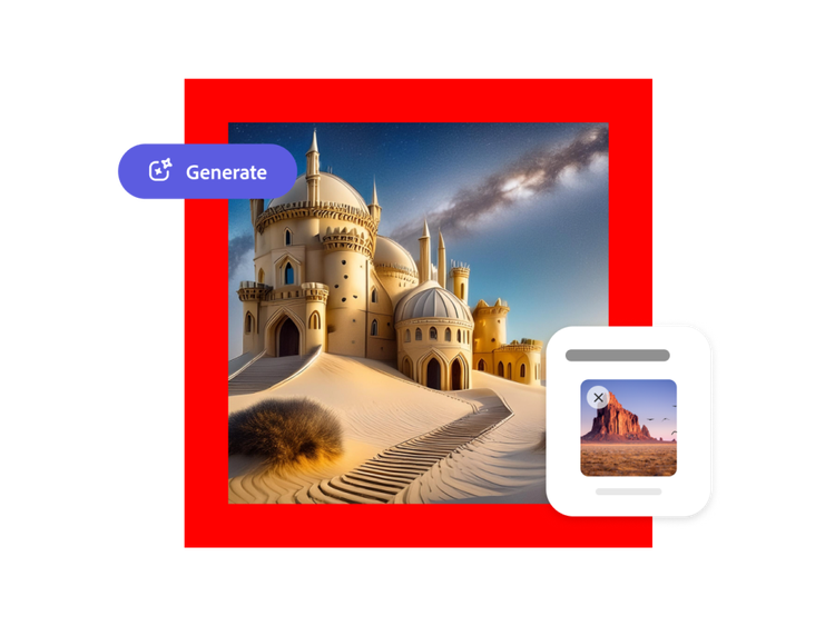 AI generated image of a castle in desert generated based on the picture of a mountain