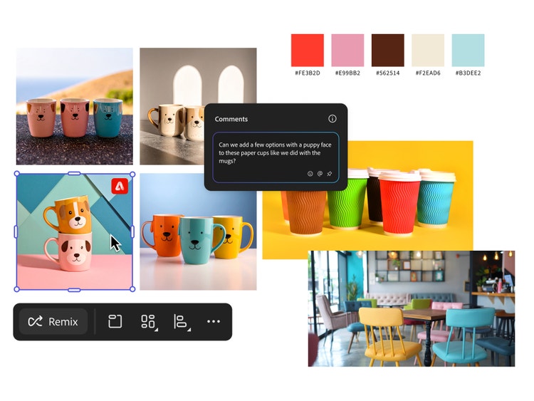 A branding mood board example for a café that includes a colour palette, multicolor disposable coffee cups and client feedback overlay.