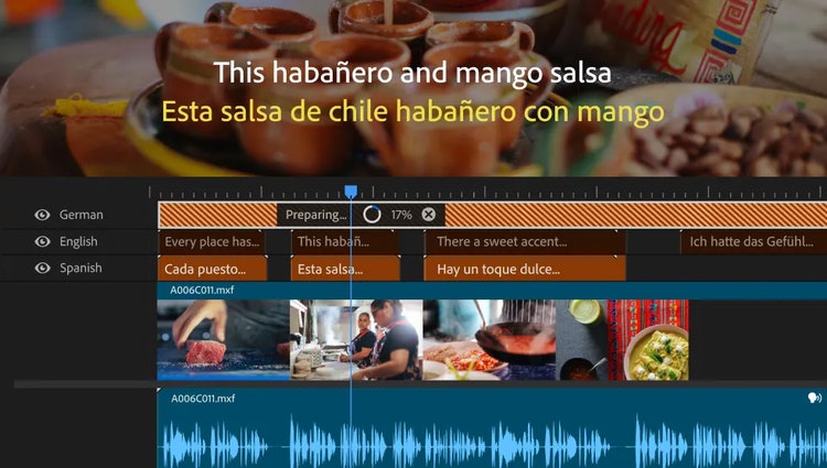Premiere Pro interface showing AI-generated multilingual caption translation