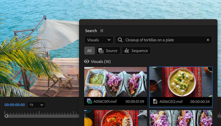 Screenshot of Premiere Pro’s AI-powered Media Intelligence search panel