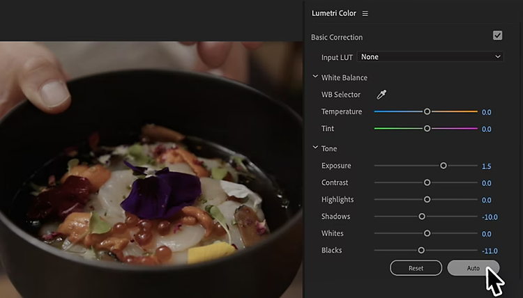 Auto Colour in Premiere Pro adjusting exposure, contrast and white balance quickly