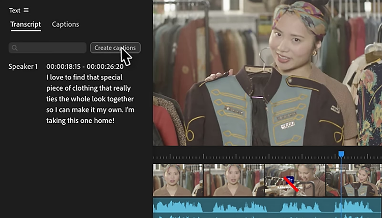 Premiere Pro interface auto-generating video transcript and captions with AI