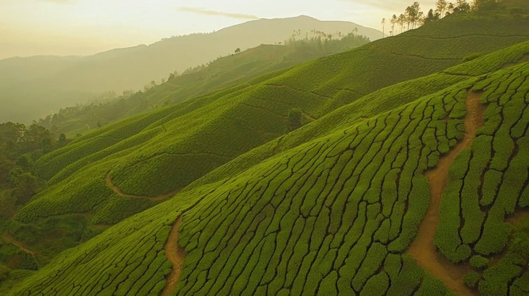 Lush green tea plantations covering the rolling hills of Munnar, India, under a clear blue sky.