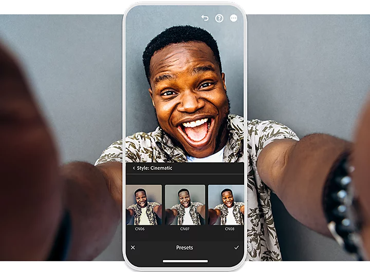 Adobe {{lightroom}} iPhone camera filters superimposed over a person taking a selfie photo