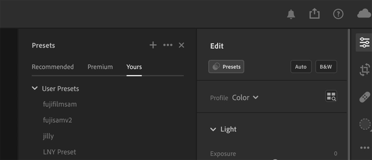 Yours tab displaying imported presets in the Edit panel