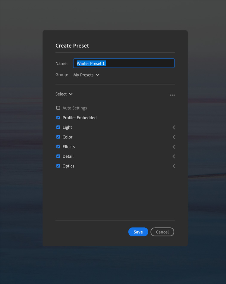 Create your own preset option shown after clicking the Plus icon