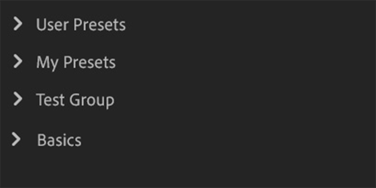 List of preset groups shown for organising custom presets