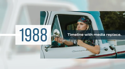 Graphic design portfolio template featuring a 1988 timeline design with a woman in a vintage truck, creative portfolio example.