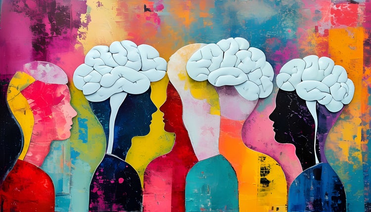 Creative environment with abstract portraits of human brains, surrounded by vibrant colours symbolising the meaning and psychology of colour.