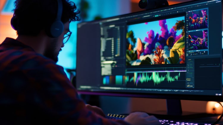 Motion graphics designer editing colourful 3D animation on computer with waveform and tools visible.