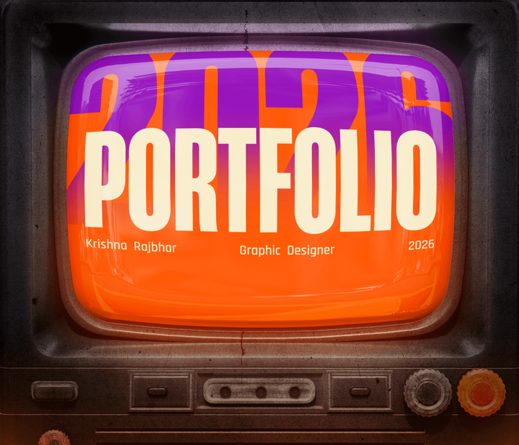 Graphic design portfolio example displayed on vintage TV screen with bold typography and vibrant orange purple colors.