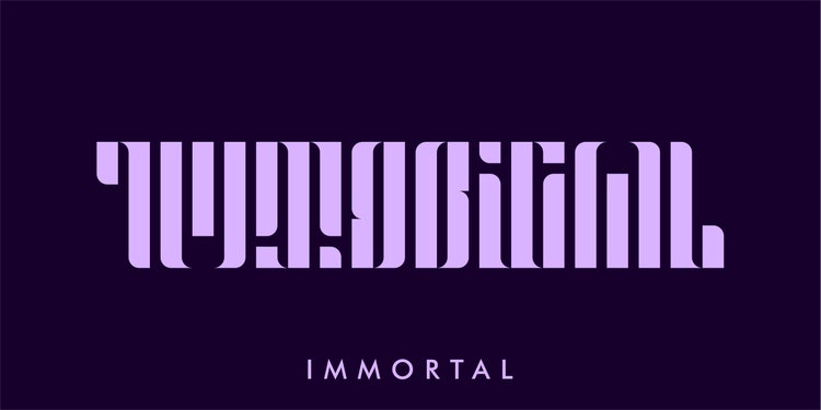 An artistic ambigram of the word "IMMORTAL", designed to maintain legibility when rotated, symbolising endurance and timelessness through type.