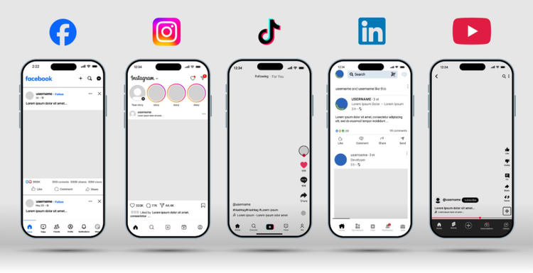 Graphic design example showing five smartphone screens with social media app interfaces for Facebook, Instagram, TikTok, LinkedIn, and YouTube.