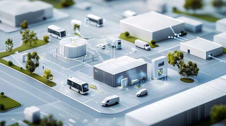 A bustling urban intersection with electric vehicle charging stations integrated into the power grid.