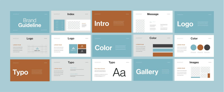 Brand style guide specimen showing intro, colour palette, logo, and other design elements.