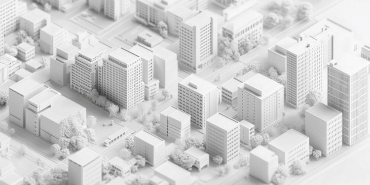 Isometric white city model, clean aerial view of simplified urban layout.