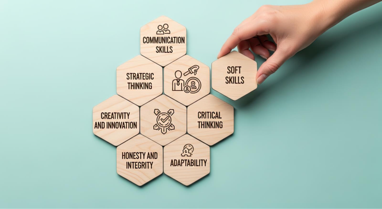 Hand arranging wooden hexagons with essential graphic design skills like creativity, critical thinking, and adaptability.