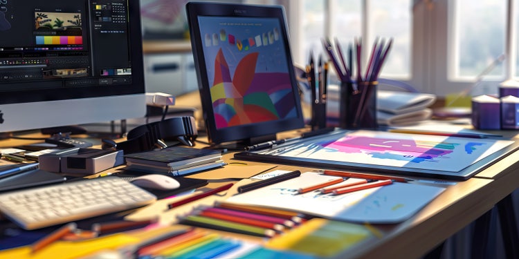 Graphic designer’s workstation with digital and traditional art supplies.