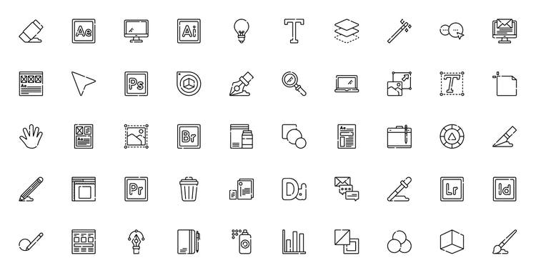 Visual set of drawn icons representing tools in graphic design software, including vector, layout, and image editing features.