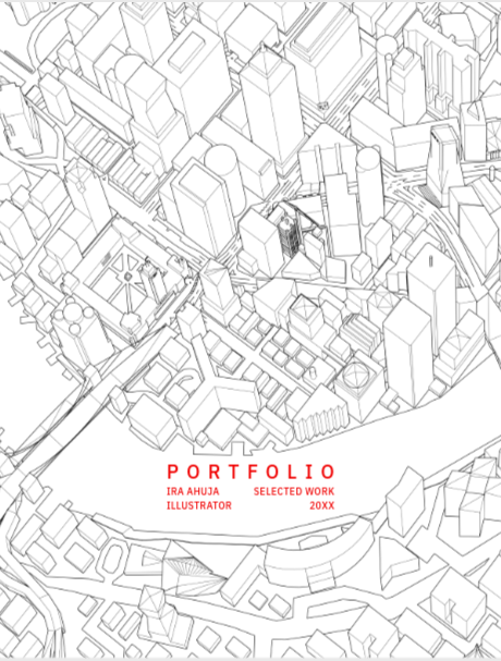 Graphic designer portfolio PDF cover featuring a detailed cityscape line drawing with portfolio title and illustrator name.