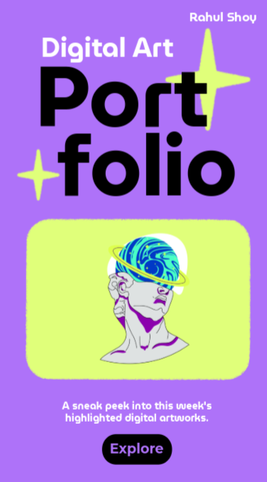Graphic design portfolio template with digital art illustration, creative front page design for students and free download options.