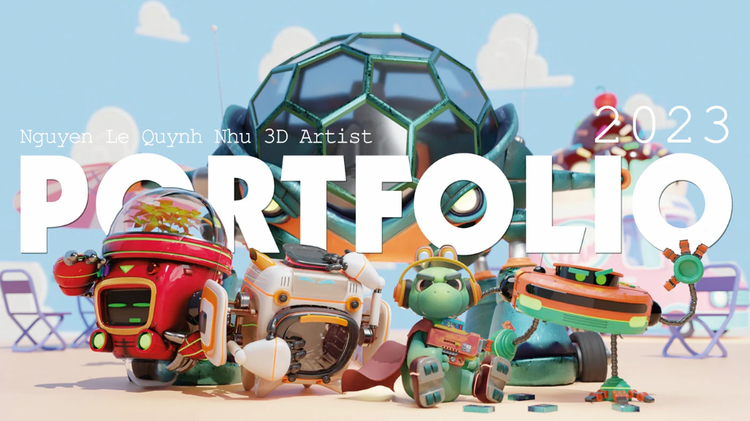 An example of a graphic design portfolio cover page taken from an actual graphic designer portfolio, showing 3D graphics and illustrations.