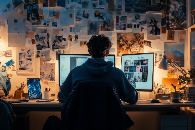 A male graphic designer busy working in his home office space, with dual screens in front of him and multiple printed documents stuck along his walls.