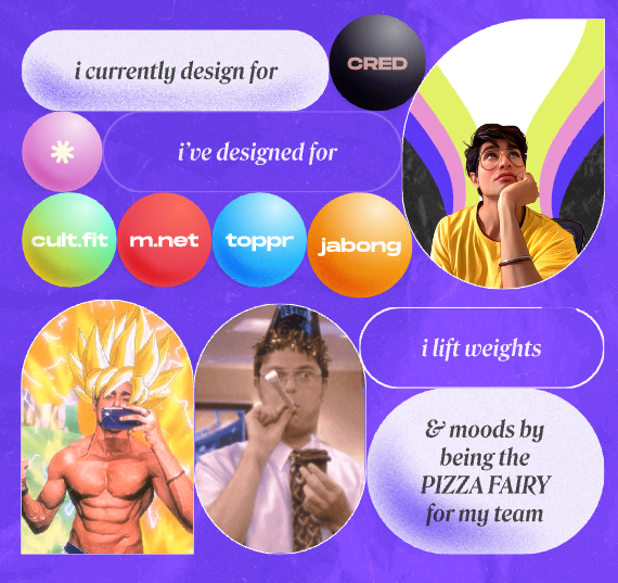 Graphic design portfolio examples with brand logos, creative portraits, and fun student portfolio ideas on a purple background.