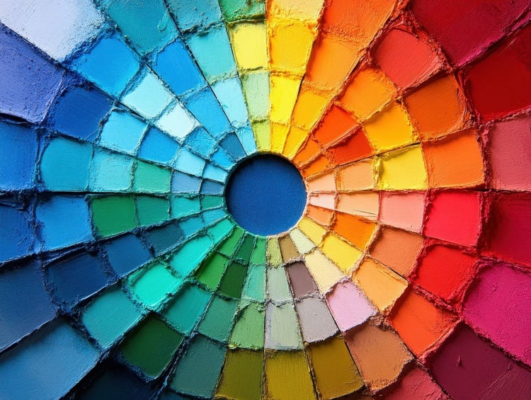Color wheel with vibrant hues arranged in circular pattern, showcasing spectrum from blue to red, emphasising artistic creativity and color theory.