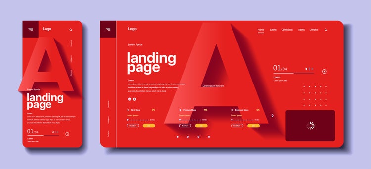 Modern flat web design in responsive website and app, showing a large letter A against a red background.