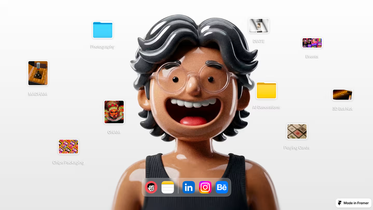 Playful 3D cartoon character in front of portfolio folders for photography, events, and chips packaging.