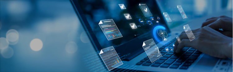 Hands typing on a laptop with floating digital documents and analytics icons, representing AI-powered apps used to create and manage a brand guide.