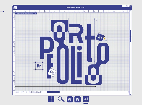 Graphic design portfolio examples shown with creative portfolio typography in Adobe Illustrator interface.