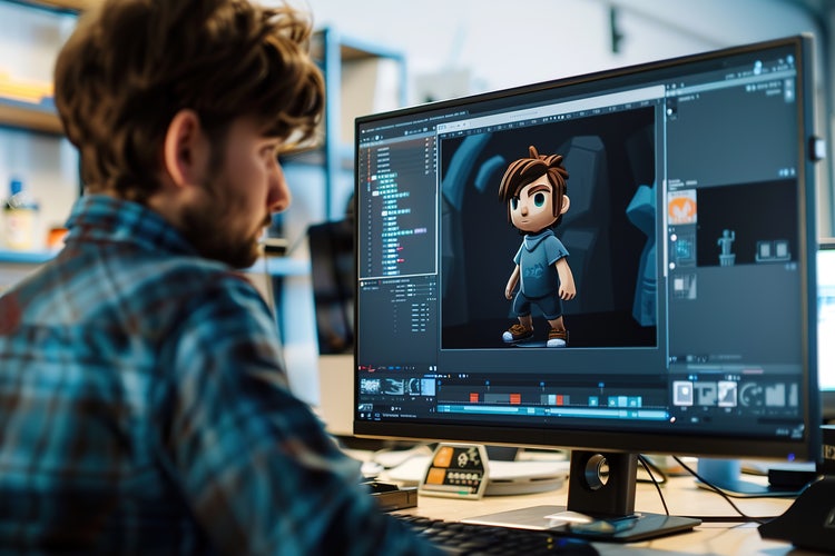 Digital artist working on 3D character design at a computer.