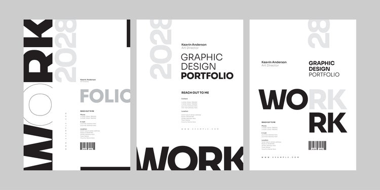 Minimal black and white graphic designer portfolio PDF templates with bold typography and modern layout examples
