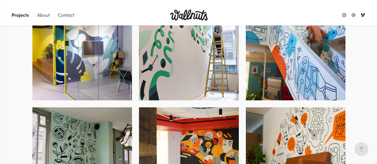 Graphic designer portfolio PDF showing creative mural and wall art projects in modern office and indoor spaces.