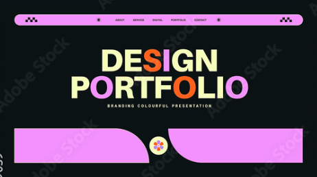 Graphic design portfolio template front page with colorful bold text and modern layout for students and professionals.