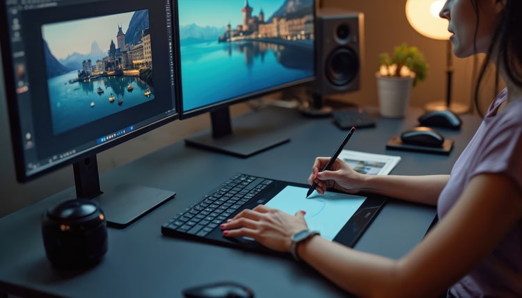 A female designer working on an illustrator on her table and dual screens.