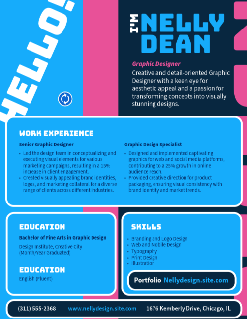 Graphic designer portfolio PDF with work experience, education, skills, and contact details in bold modern layout.