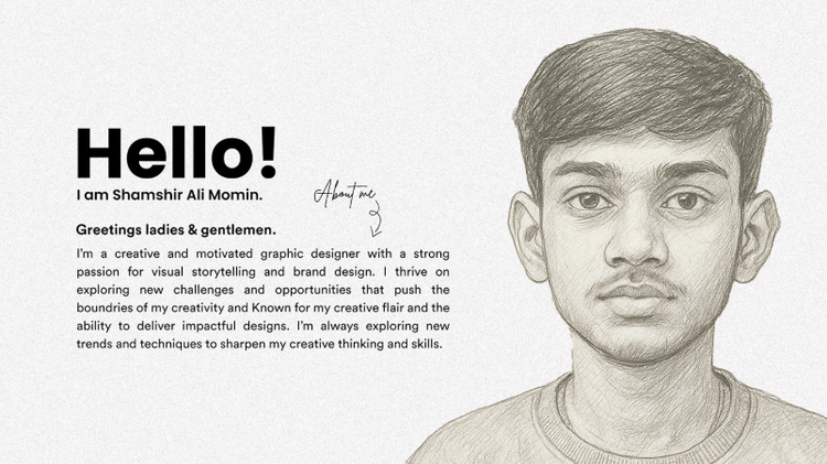 Graphic design portfolio example showing sketch portrait with designer introduction.