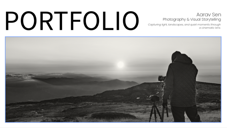 Graphic design portfolio template front page design showing photographer with camera at sunrise over mountains.