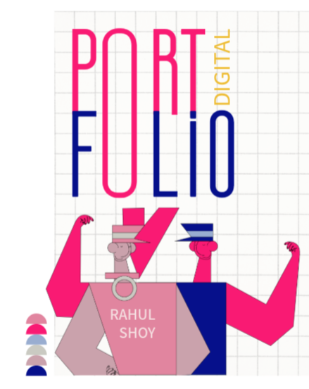Graphic design portfolio template front page with bold text, abstract human figures, bright pink and blue colors.