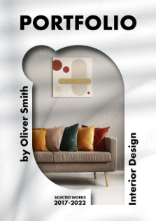 Graphic design portfolio template with modern interior, abstract wall art, and decorative pillows on a sofa for students.