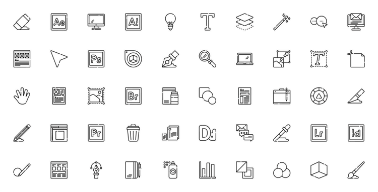 Graphic design skill icons including software, tools, and creative elements in a minimalist line style.