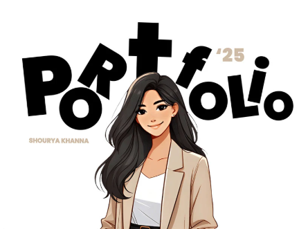 Graphic design portfolio examples with illustrated student and bold creative text layout.