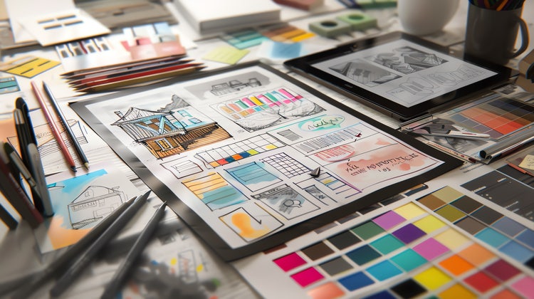Graphic design workspace with sketches, colour swatches, and digital tablets on a desk.