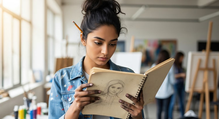 A female artist in an art studio holding a sketchbook and looking through her designs.