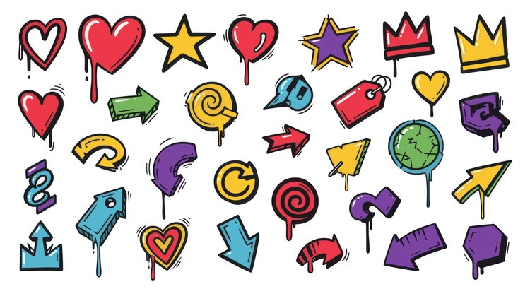 A collection of fun and cute stickers featuring hearts, arrows, stars, and other elements.
