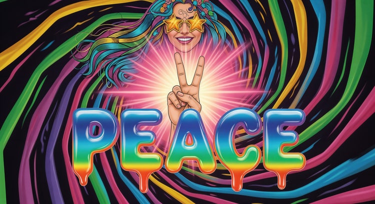 A colorful art poster featuring a woman's head, a hand showing a peace sign, and the word "PEACE" in rainbow colours and dripping effect.