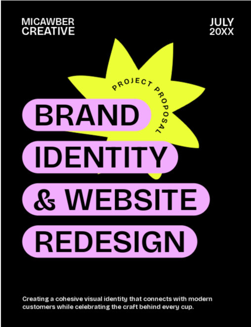 Graphic designer portfolio PDF cover with bold brand identity and website redesign text in purple and yellow star graphic.